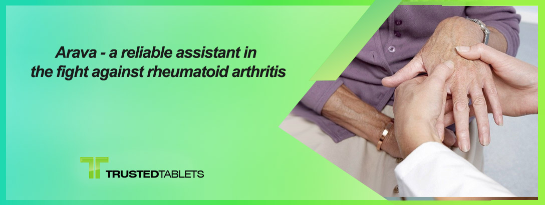 Image showing a bottle of Arava medication with a background of a joint with inflammation, symbolizing its role in assisting with the management of rheumatoid arthritis.