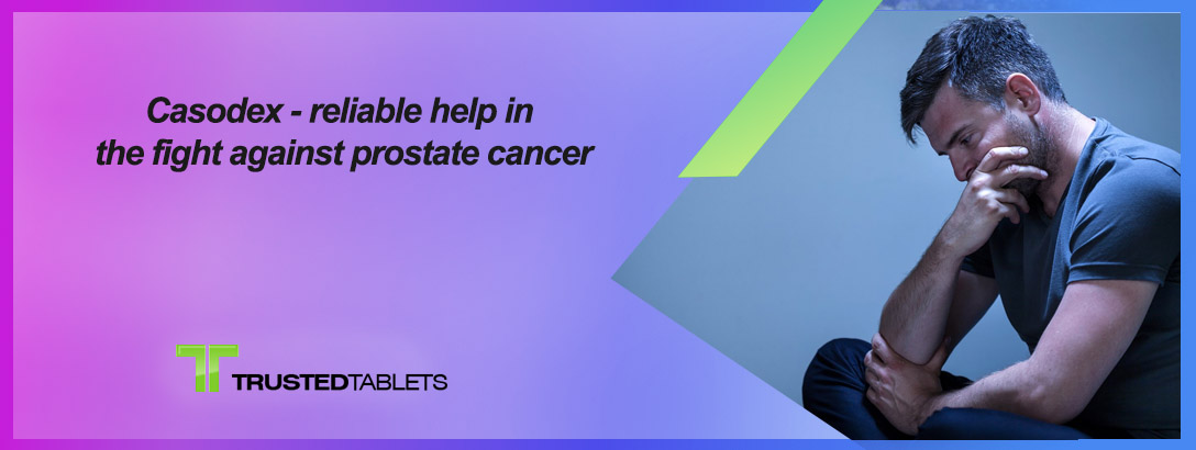 Image showing a box of Casodex medication with a background of a prostate gland, symbolizing its role in providing reliable help in the fight against prostate cancer.