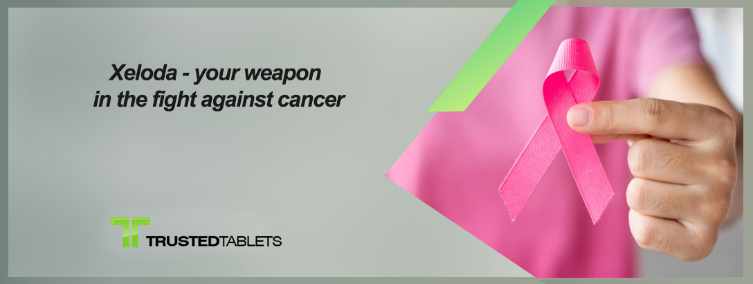 Image showing a bottle of Xeloda pills with a background of cancer cells being targeted and destroyed, symbolizing its role as a weapon in the fight against cancer.