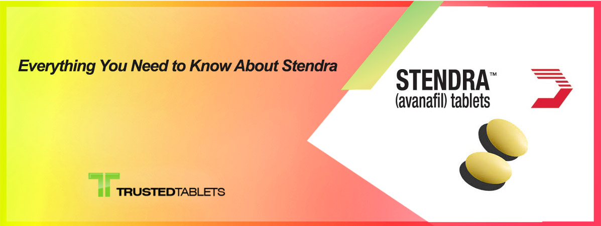 Image featuring Stendra medication, with text indicating comprehensive information about its use for treating erectile dysfunction.