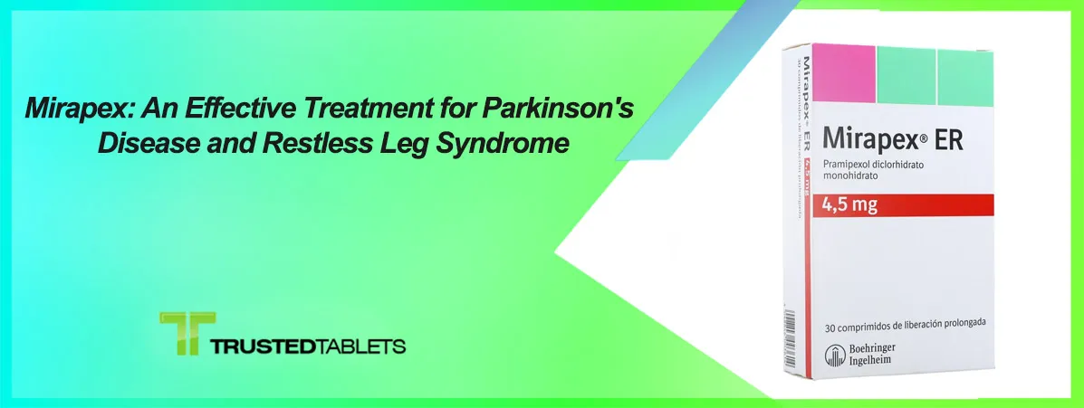 Boîte de Mirapex, un médicament utilisé pour traiter la maladie de Parkinson et le syndrome des jambes sans repos.