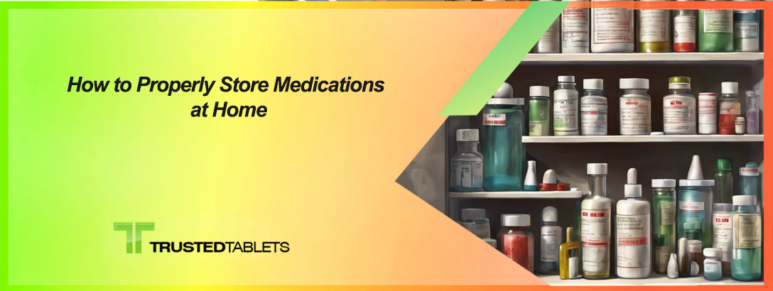 Image showing a shelf with various medications stored in a cool, dry place, with text "How to Properly Store Medications at Home".