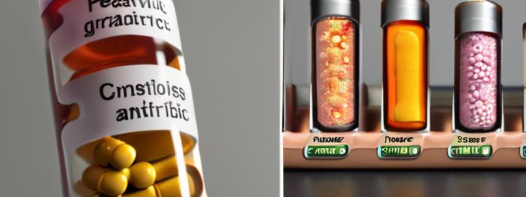 Detailed depiction of antibiotic pills, dosage chart, bacterial colonies, and sugar cube