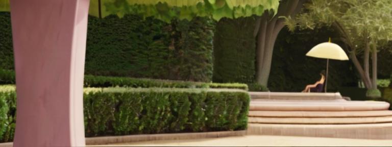 Bird's eye view of a lush green park with a person under a parasol near a water fountain, symbolizing summer hydration and sun protection