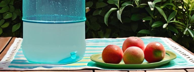 Outdoor scene showcasing fruits and vegetables, water bottle, and person taking cool shower