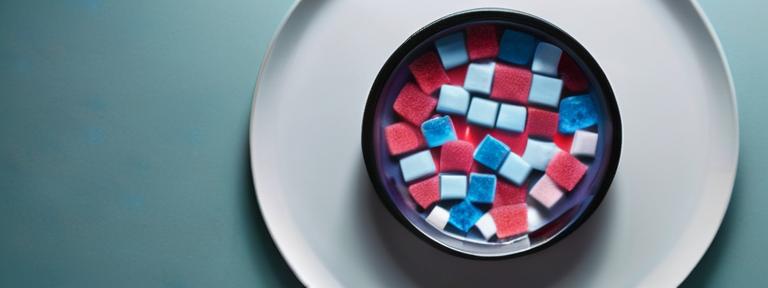 Close-up of a petri dish filled with colorful sugar cubes representing cells and lab equipment symbolizing cancer research