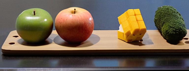 Macro shot of a balanced healthy meal with scientific equipment and yoga symbols