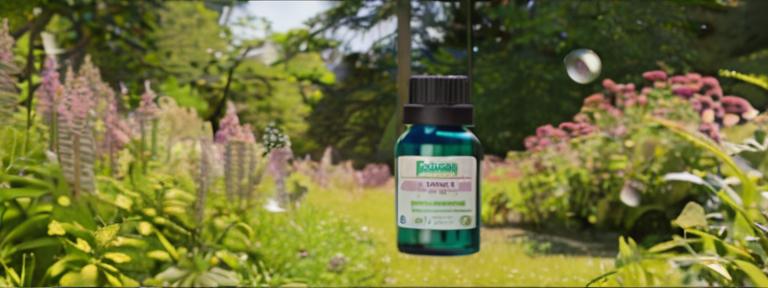 Close-up of antihistamine bottles amidst a blooming summer garden