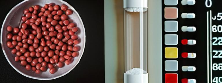 Macro shot of test tube with sugar solution, diabetes medications, lab equipment, petri dish with bacterial growth, and symbols for ED and fragile bones